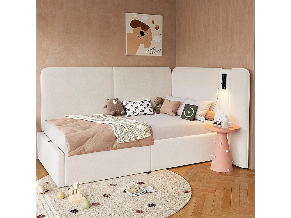 Lit enfant 90 x 200 cm, avec coffre de rangement à vérin hydraulique, prise USB et lampe de lecture, velours, beige