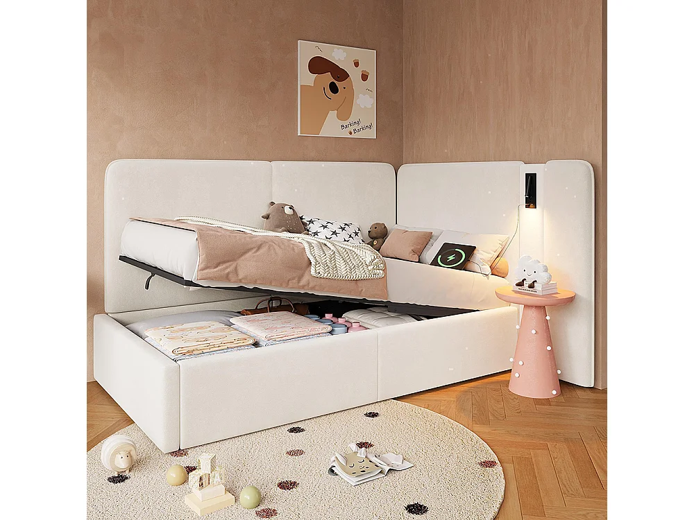 Lit enfant 90 x 200 cm, avec coffre de rangement à vérin hydraulique, prise USB et lampe de lecture, velours, beige