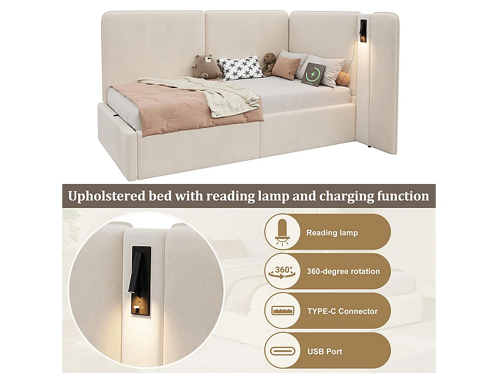 Lit enfant 90 x 200 cm, avec coffre de rangement à vérin hydraulique, prise USB et lampe de lecture, velours, beige