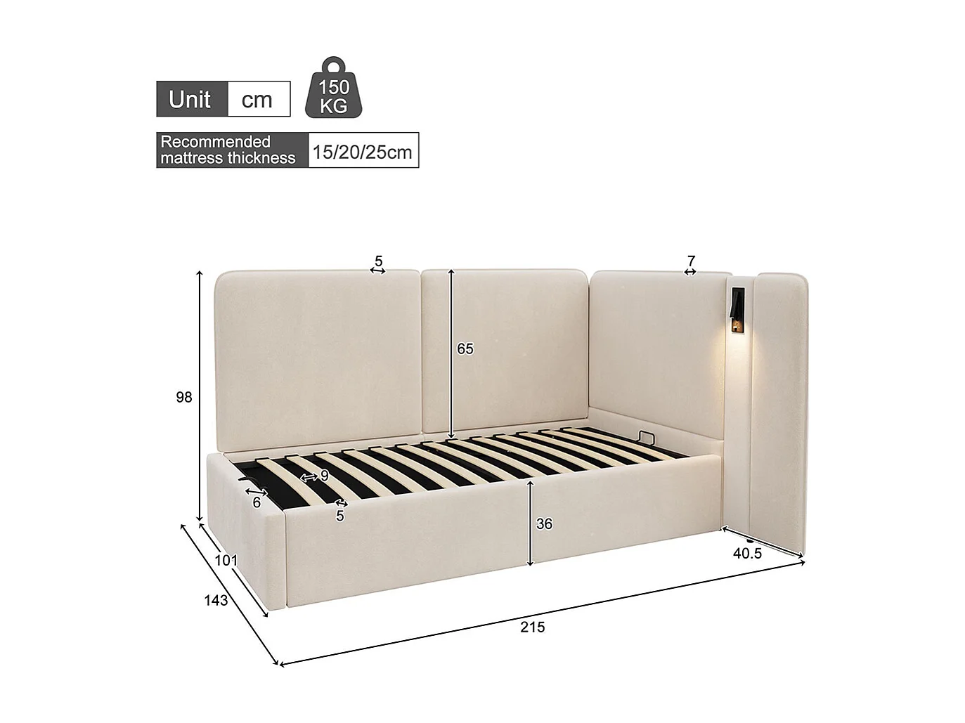 Lit enfant 90 x 200 cm, avec coffre de rangement à vérin hydraulique, prise USB et lampe de lecture, velours, beige
