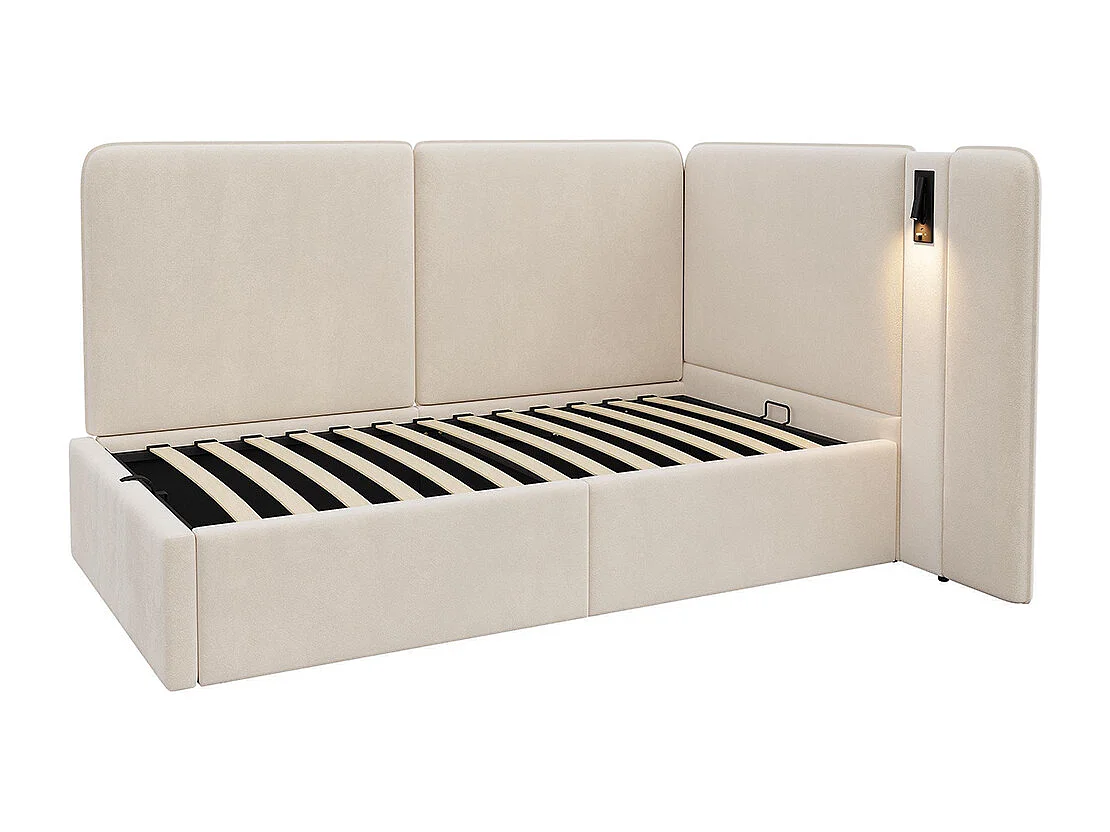 Lit enfant 90 x 200 cm, avec coffre de rangement à vérin hydraulique, prise USB et lampe de lecture, velours, beige