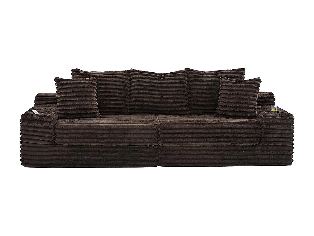 Canapé compact, en velours côtelé, avec coussins supplémentaires, poches de rangement sur les côtés et porte-gobelets, couleur marron café