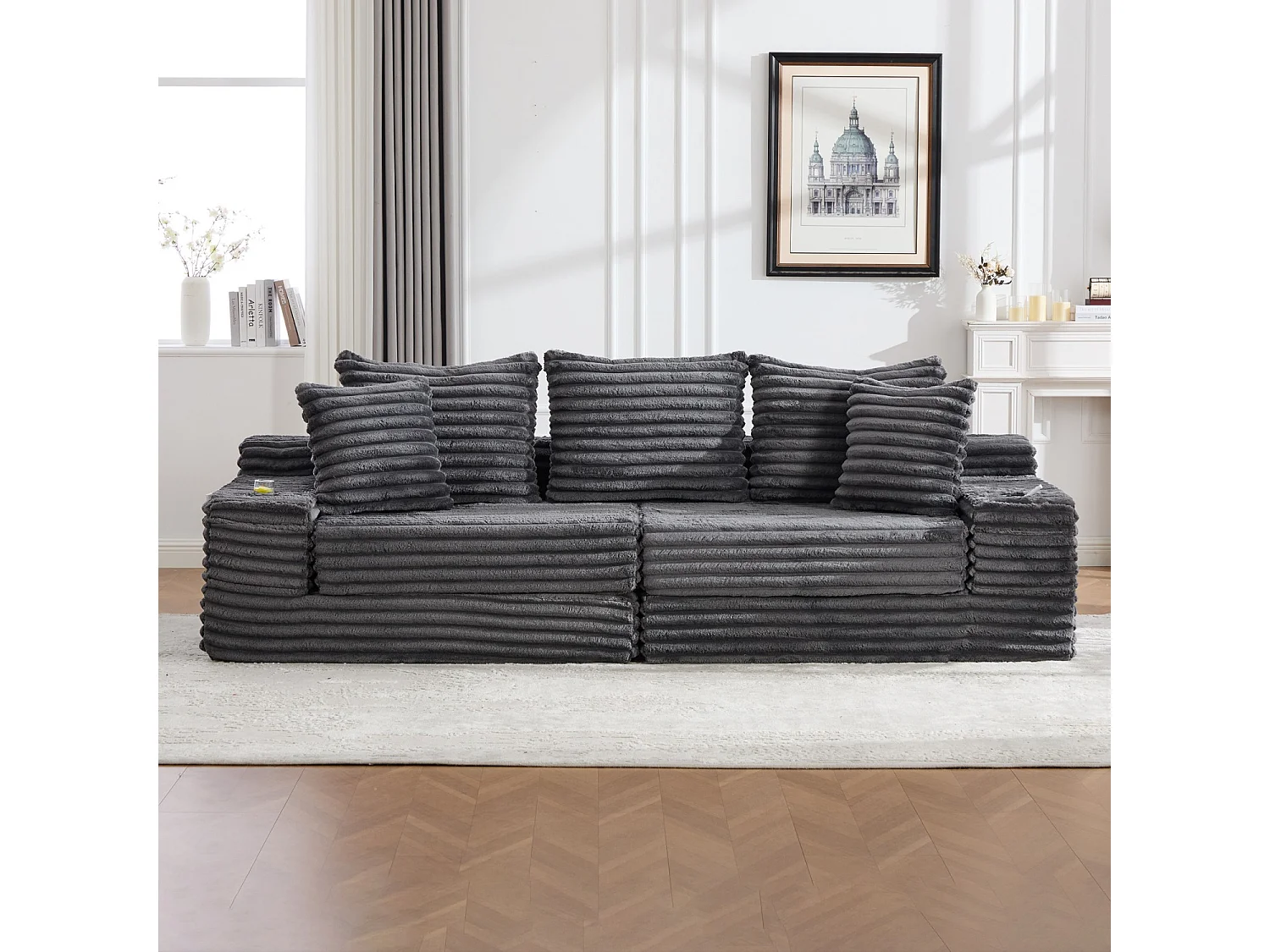 Canapé compact, en velours côtelé, avec coussins supplémentaires, poches de rangement sur les côtés et porte-gobelets, gris foncé