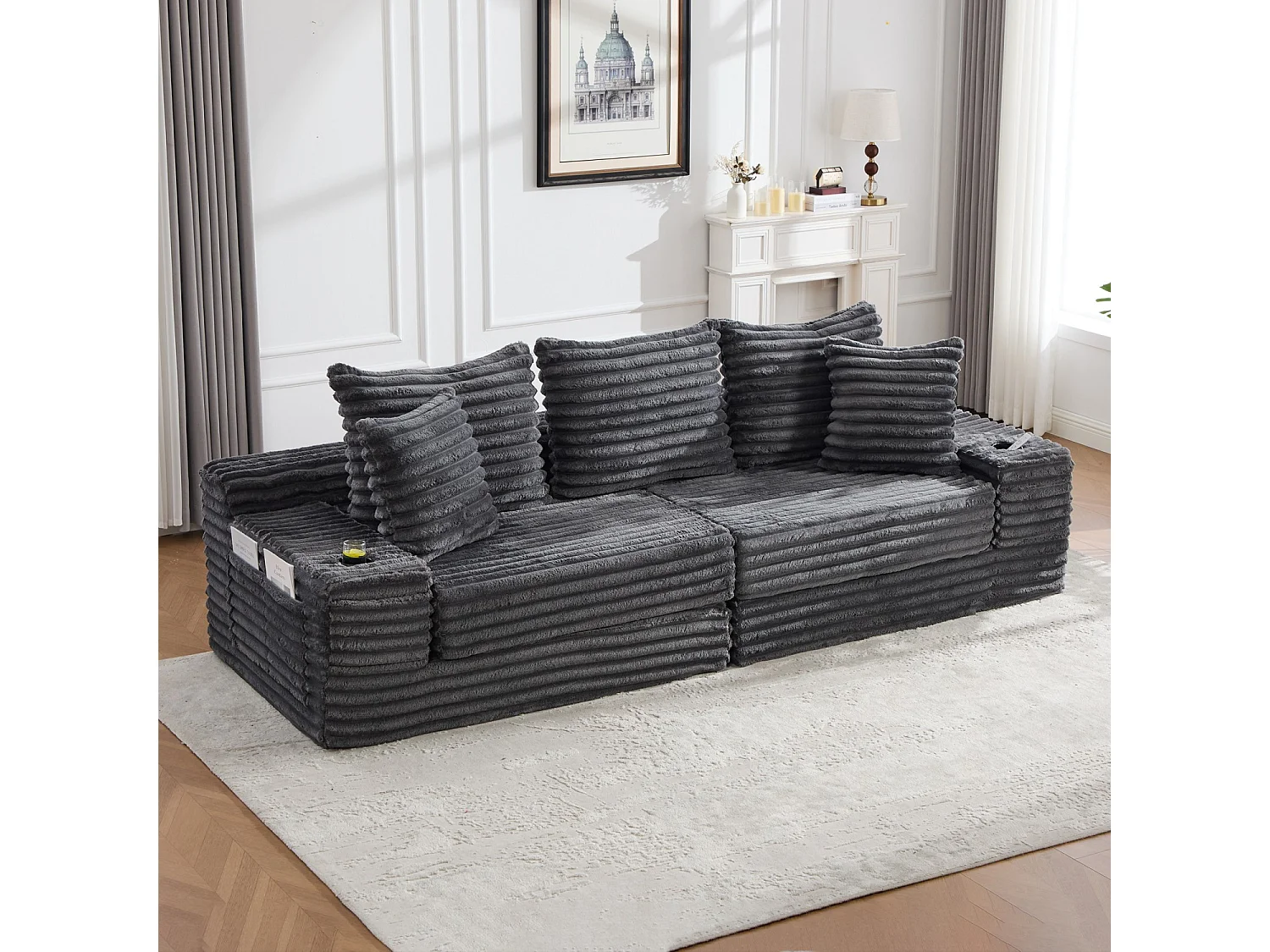 Canapé compact, en velours côtelé, avec coussins supplémentaires, poches de rangement sur les côtés et porte-gobelets, gris foncé