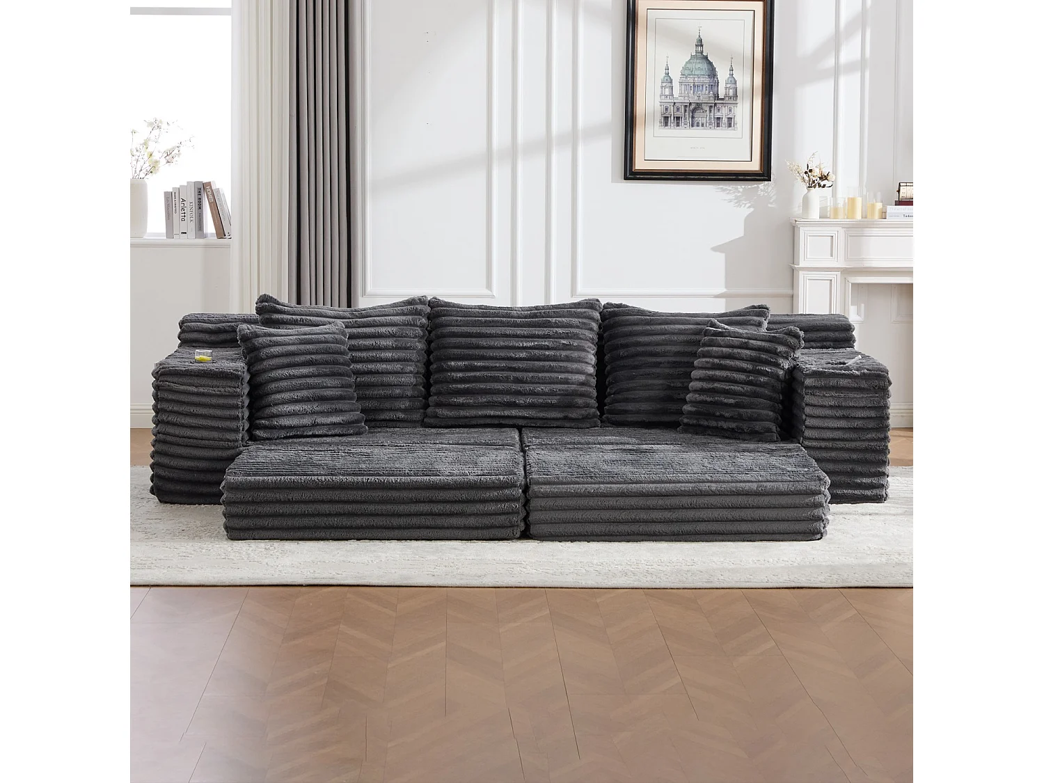 Canapé compact, en velours côtelé, avec coussins supplémentaires, poches de rangement sur les côtés et porte-gobelets, gris foncé