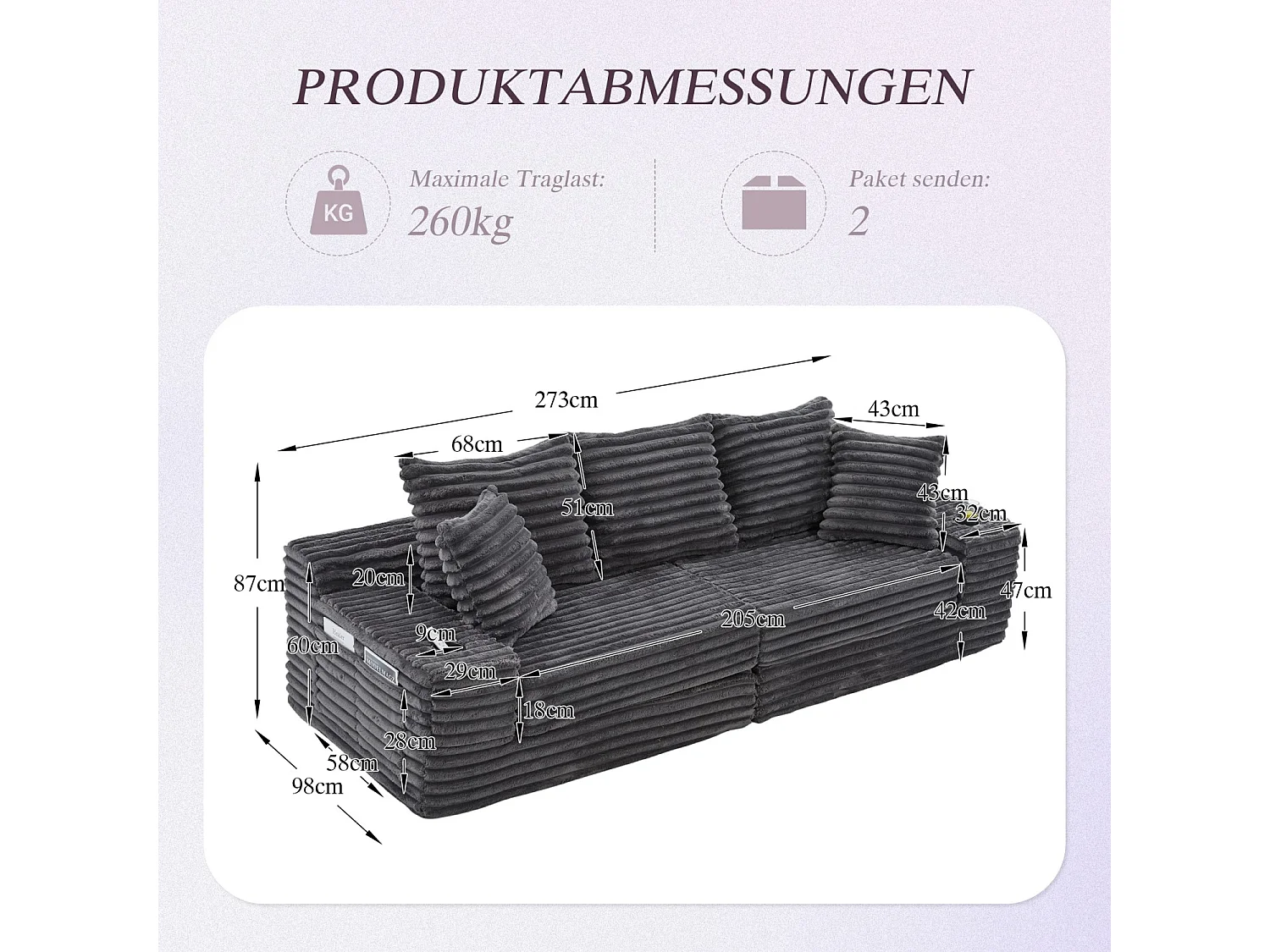 Canapé compact, en velours côtelé, avec coussins supplémentaires, poches de rangement sur les côtés et porte-gobelets, gris foncé