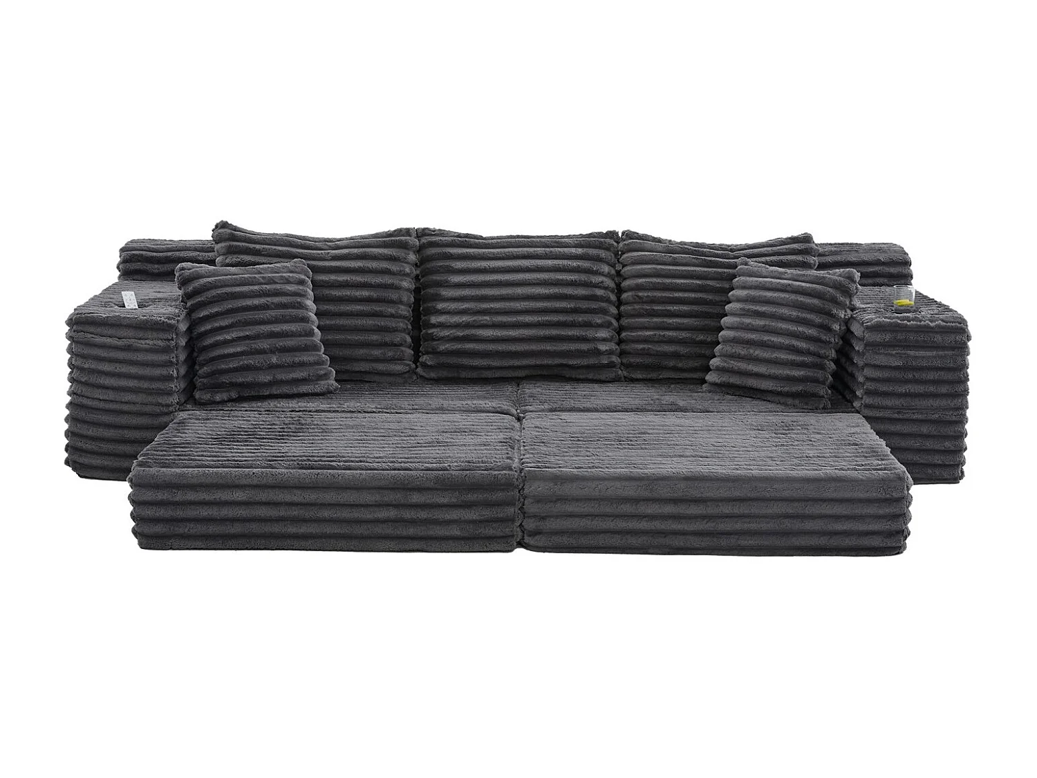 Canapé compact, en velours côtelé, avec coussins supplémentaires, poches de rangement sur les côtés et porte-gobelets, gris foncé