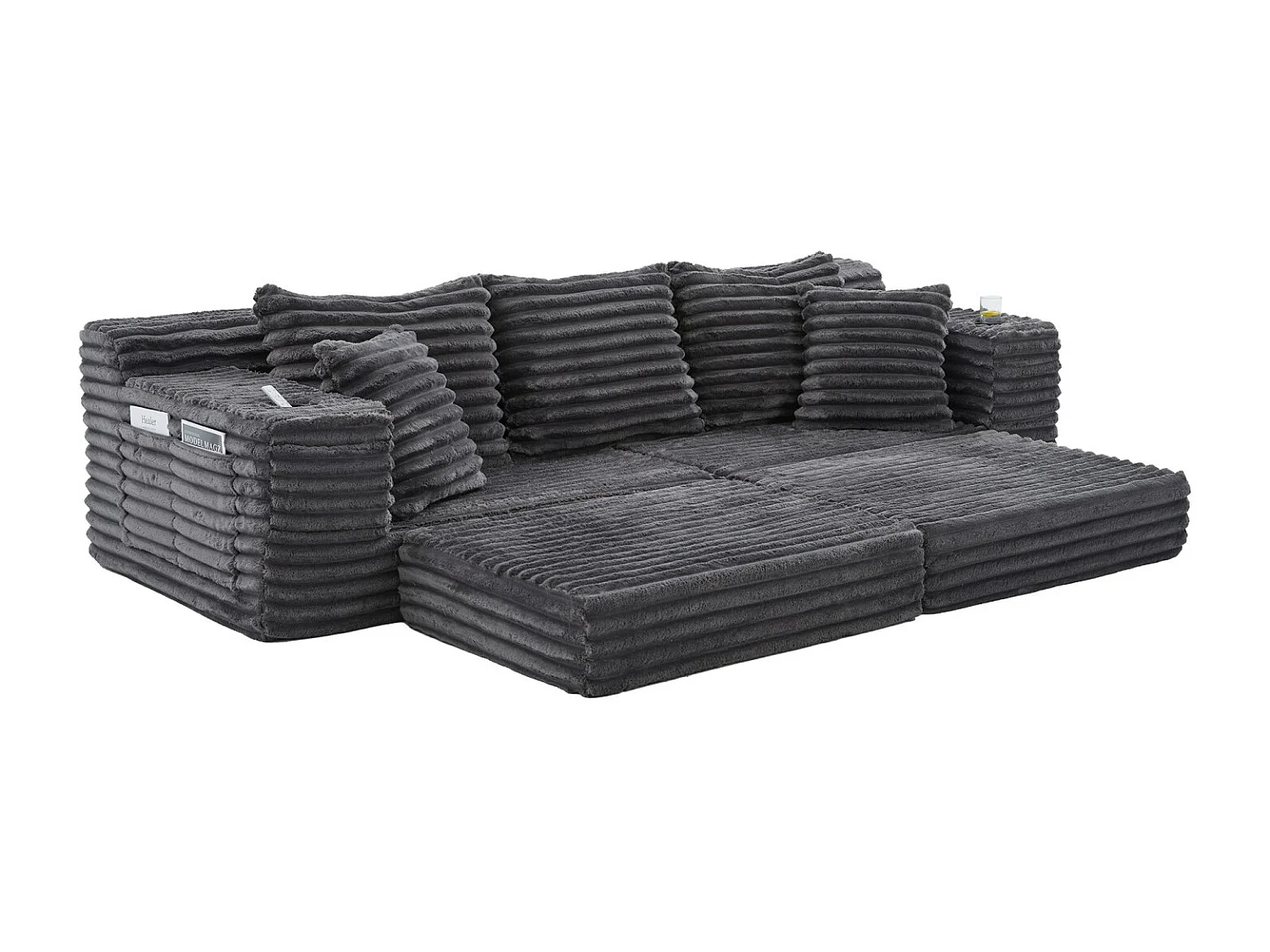 Canapé compact, en velours côtelé, avec coussins supplémentaires, poches de rangement sur les côtés et porte-gobelets, gris foncé