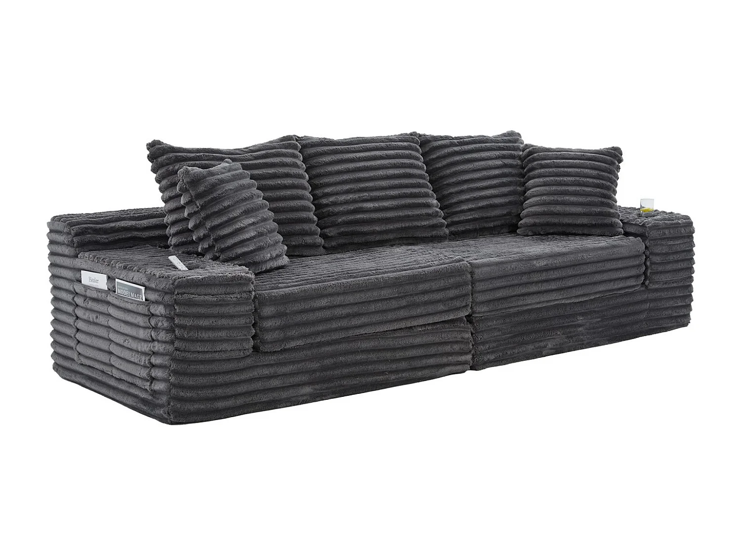 Canapé compact, en velours côtelé, avec coussins supplémentaires, poches de rangement sur les côtés et porte-gobelets, gris foncé