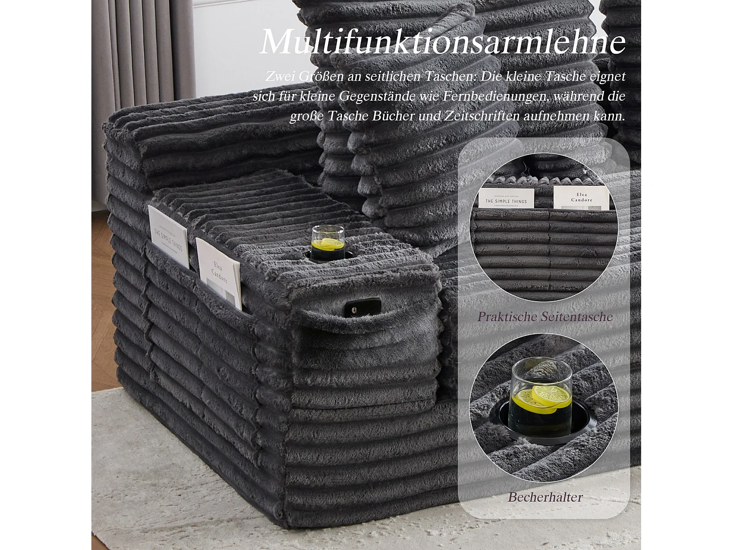 Canapé compact, en velours côtelé, avec coussins supplémentaires, poches de rangement sur les côtés et porte-gobelets, gris foncé