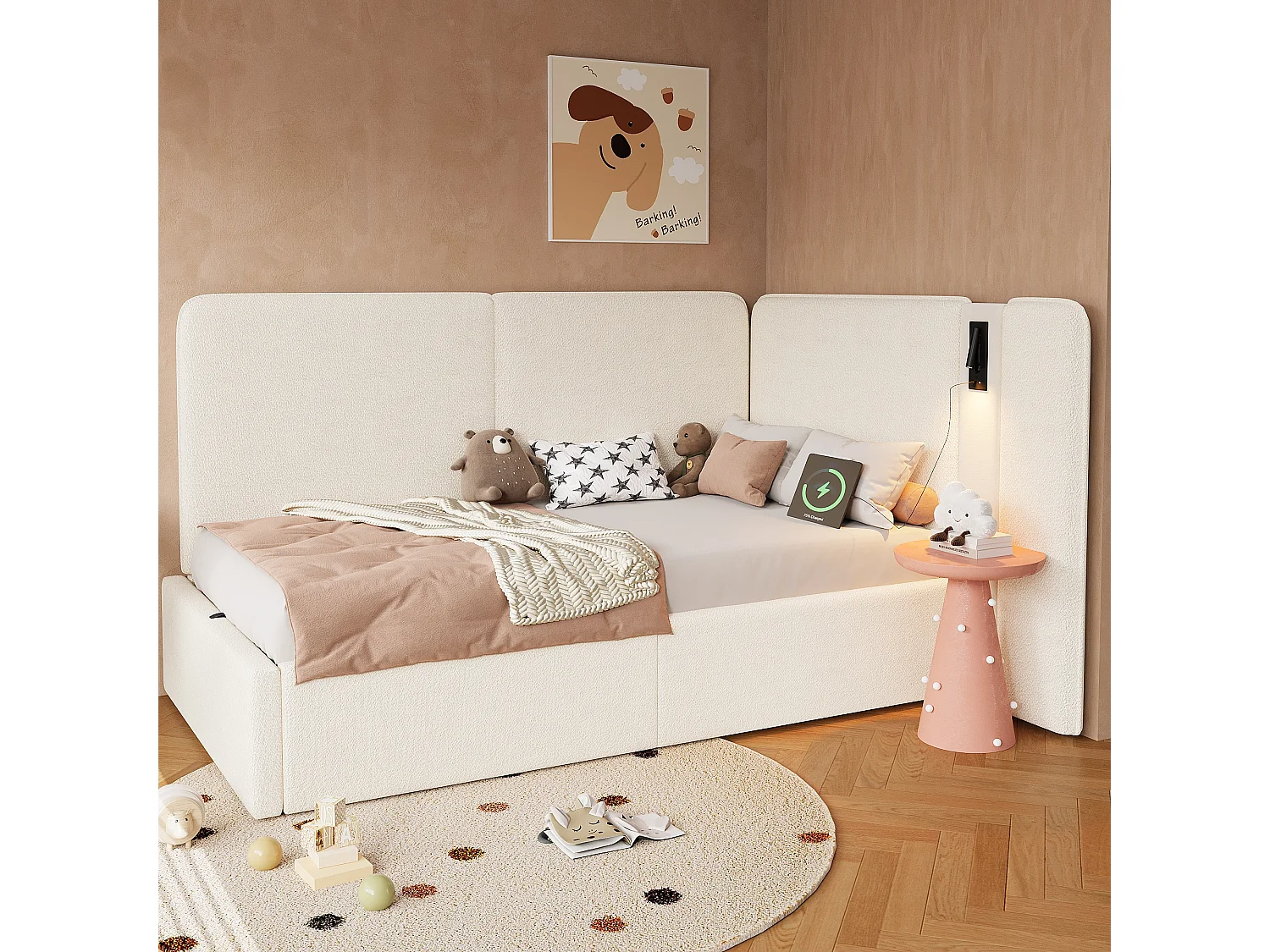 Lit enfant 90 x 200 cm, avec coffre de rangement à vérin hydraulique, prise USB et lampe de lecture, bouclé, beige