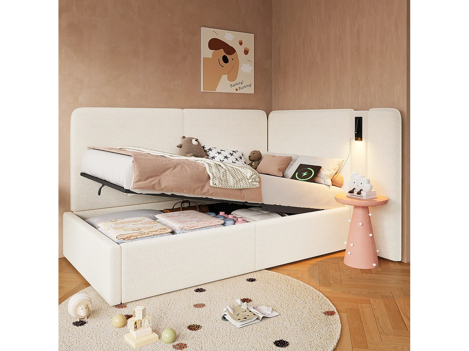Lit enfant 90 x 200 cm, avec coffre de rangement à vérin hydraulique, prise USB et lampe de lecture, bouclé, beige