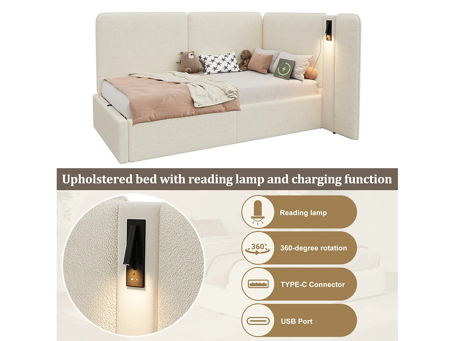 Lit enfant 90 x 200 cm, avec coffre de rangement à vérin hydraulique, prise USB et lampe de lecture, bouclé, beige