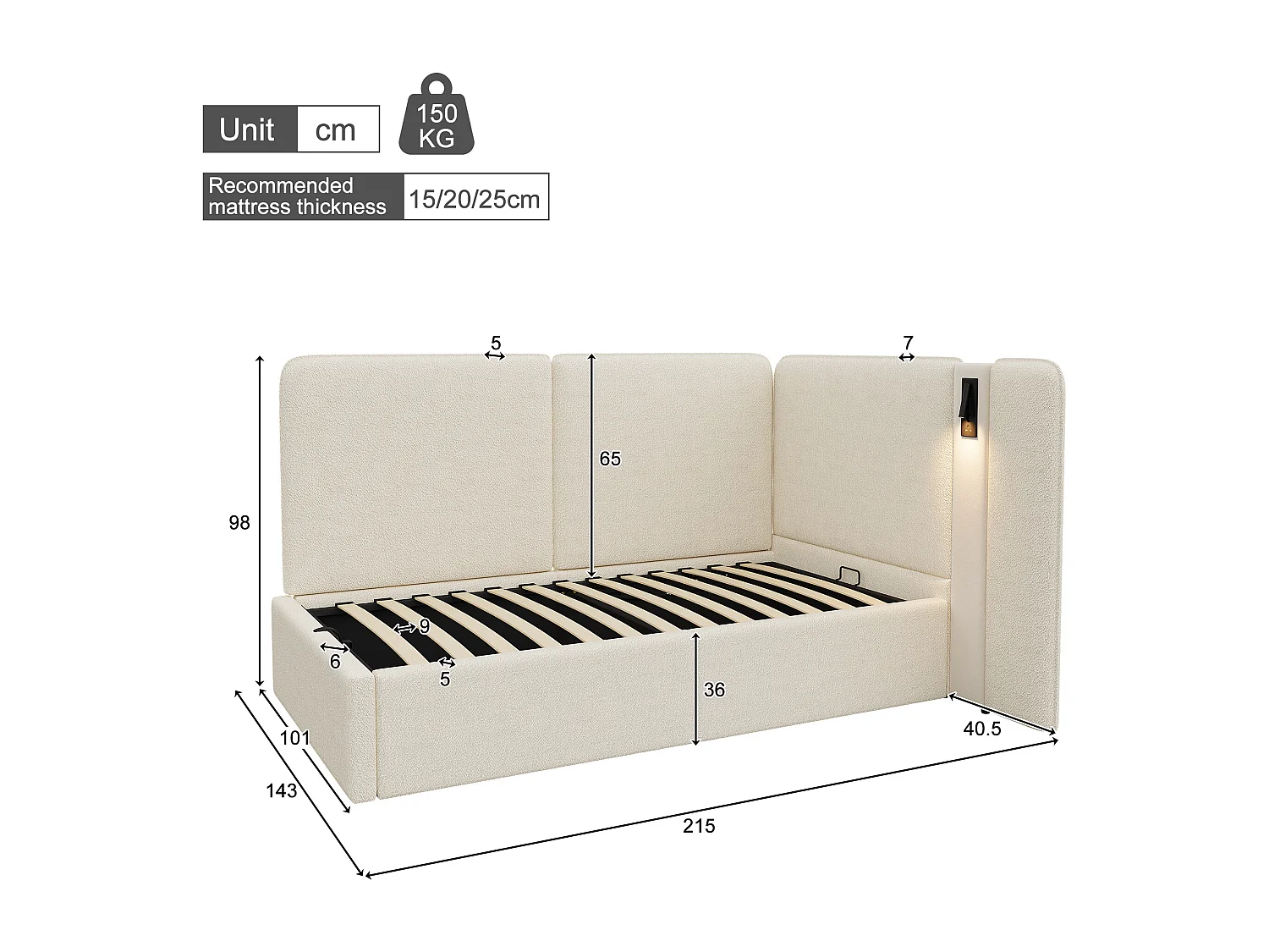 Lit enfant 90 x 200 cm, avec coffre de rangement à vérin hydraulique, prise USB et lampe de lecture, bouclé, beige