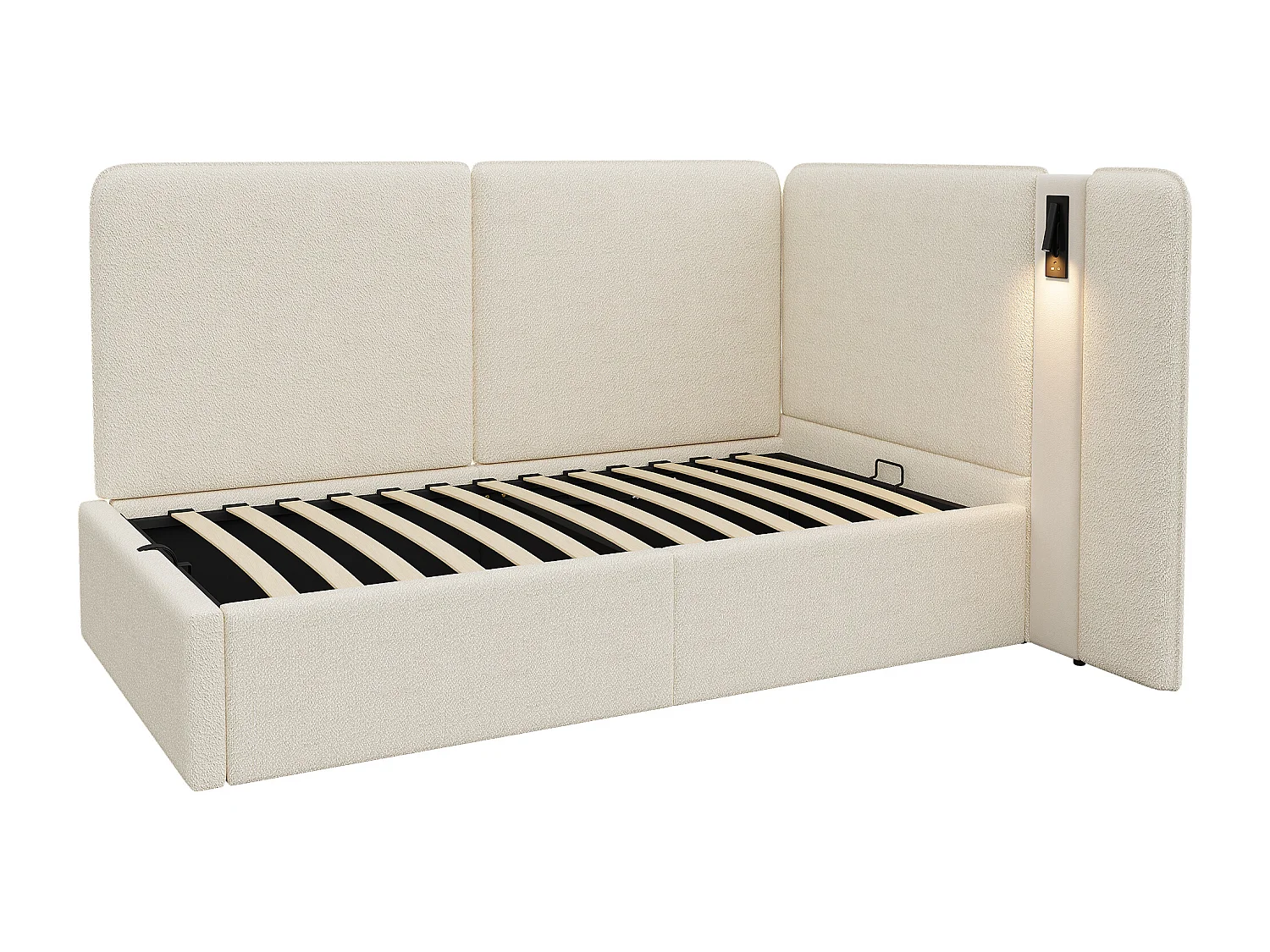 Lit enfant 90 x 200 cm, avec coffre de rangement à vérin hydraulique, prise USB et lampe de lecture, bouclé, beige