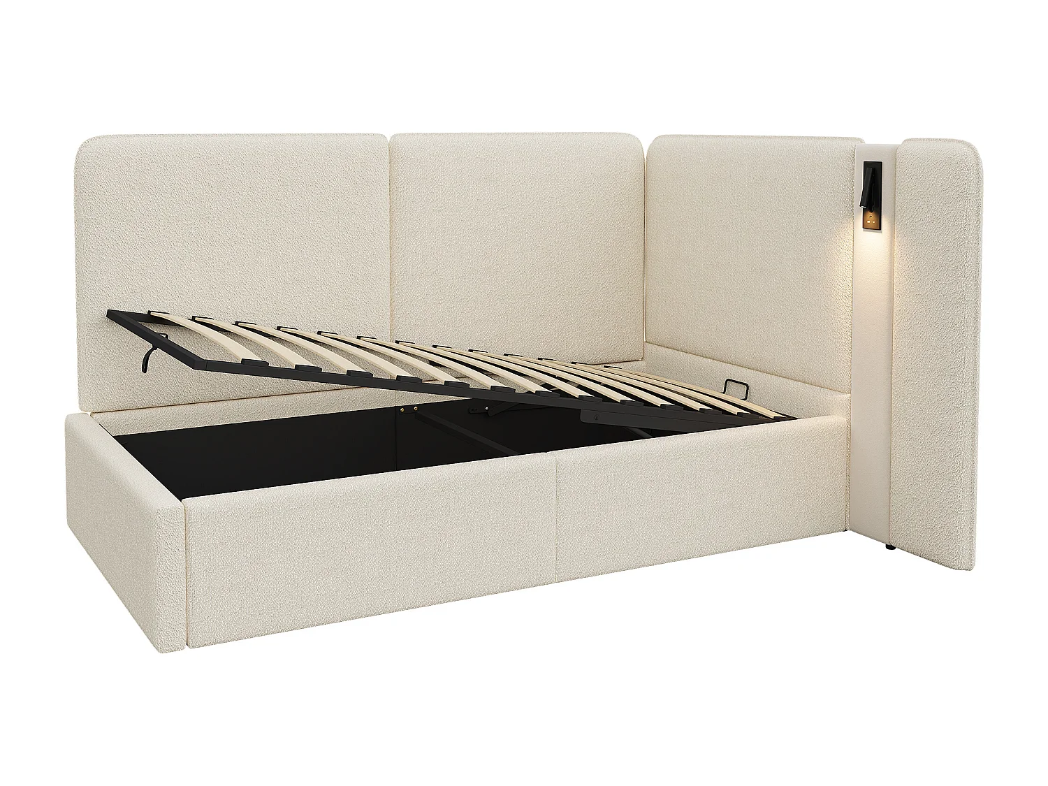 Lit enfant 90 x 200 cm, avec coffre de rangement à vérin hydraulique, prise USB et lampe de lecture, bouclé, beige