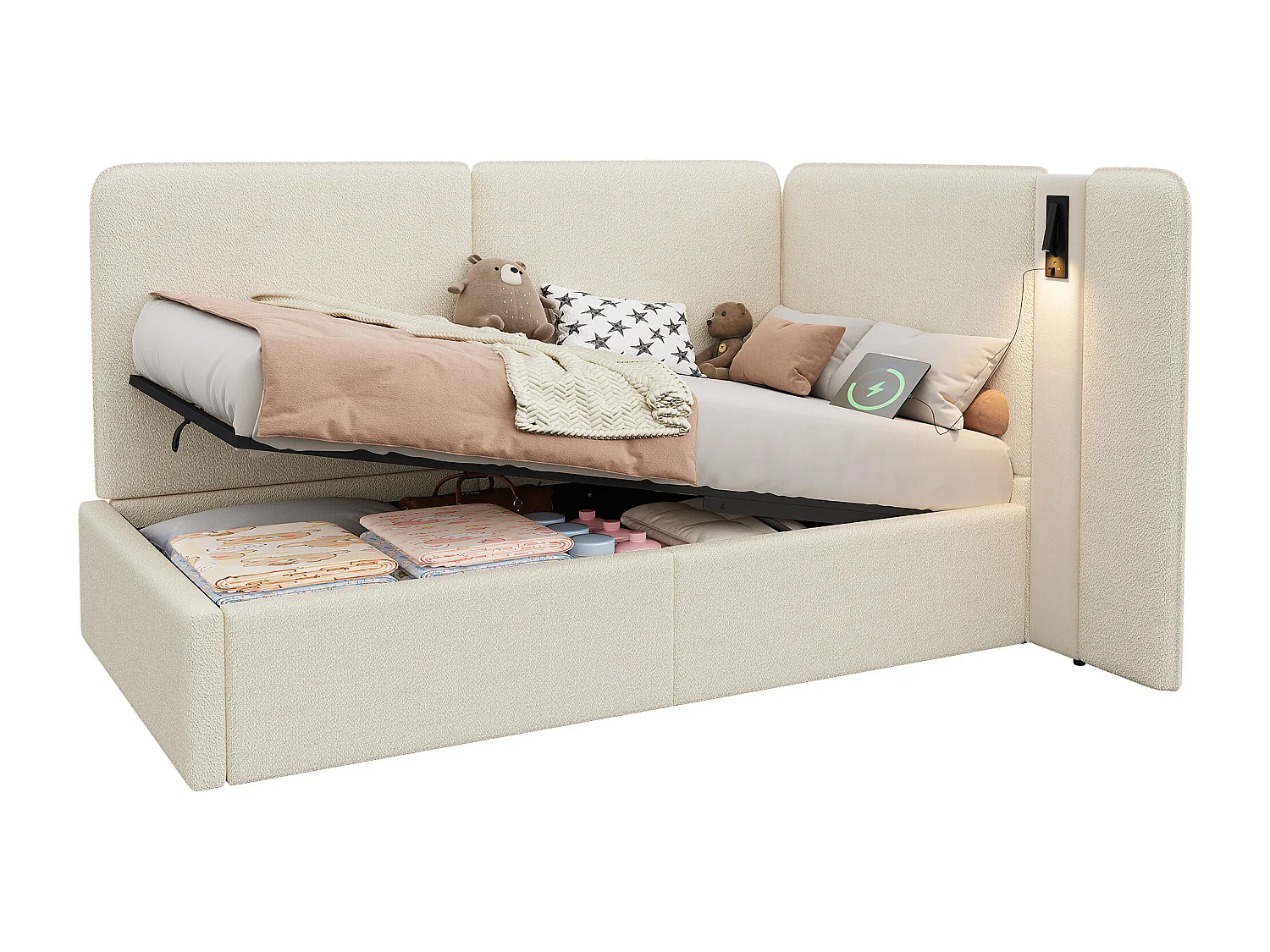 Lit enfant 90 x 200 cm, avec coffre de rangement à vérin hydraulique, prise USB et lampe de lecture, bouclé, beige