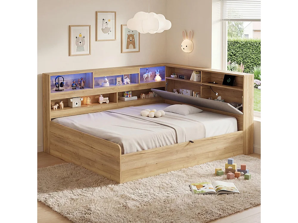 Lit d'enfant, en bois massif, avec port USB et éclairage LED, couleur bois naturel - 140 x 200 cm