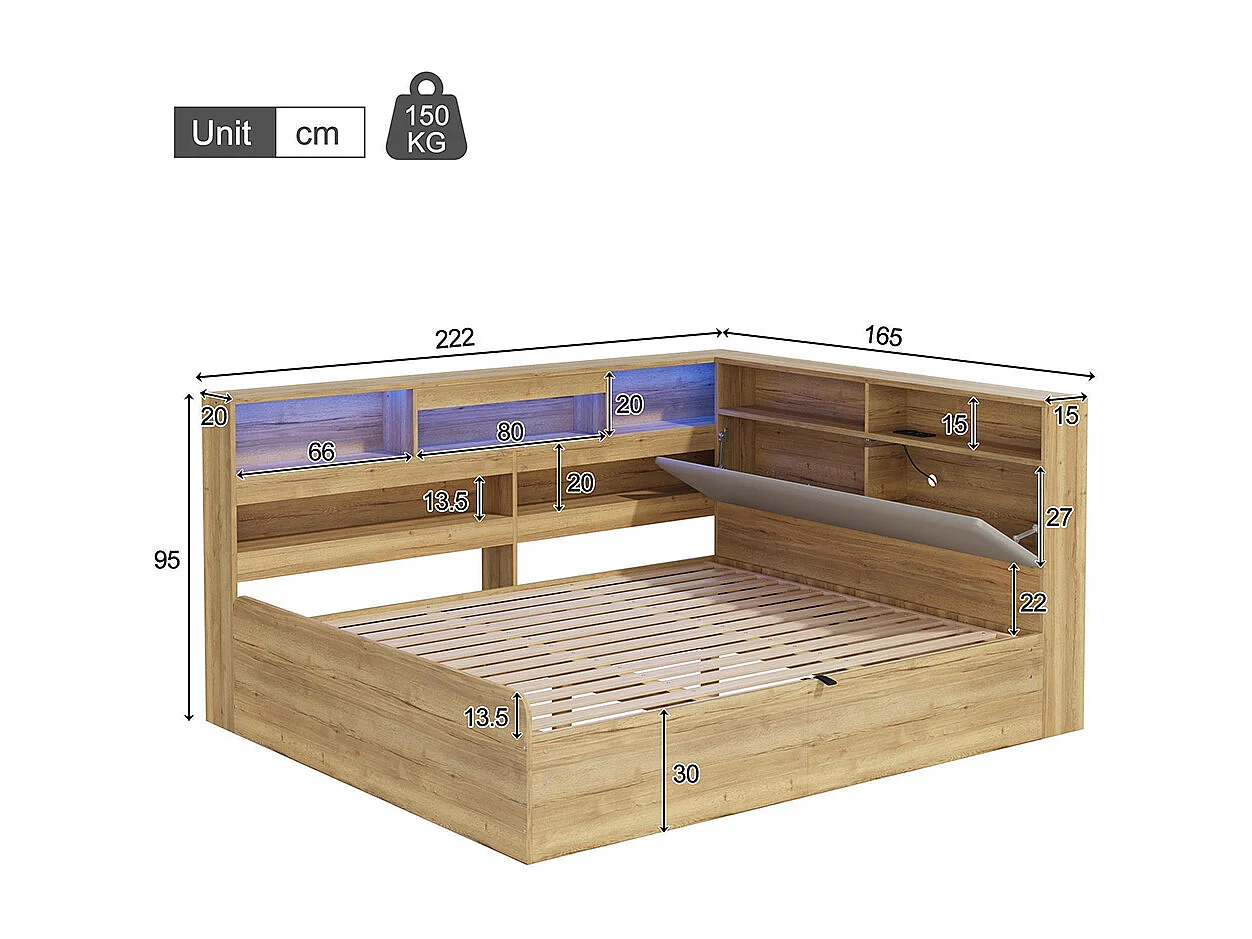 Lit d'enfant, en bois massif, avec port USB et éclairage LED, couleur bois naturel - 140 x 200 cm