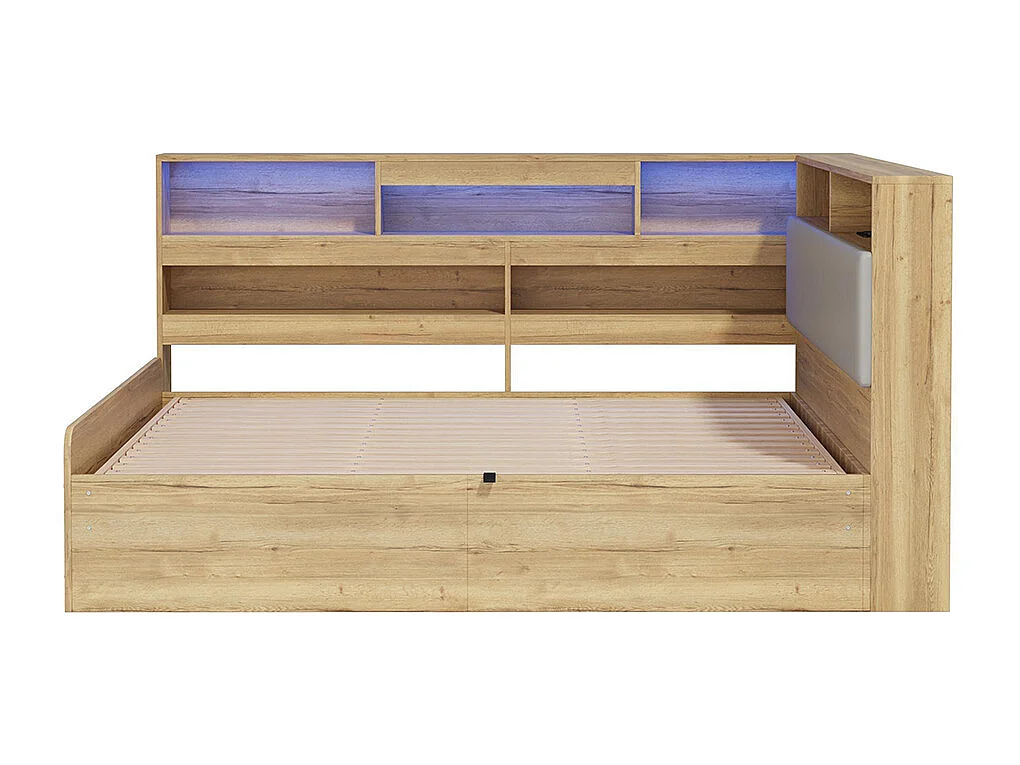 Lit d'enfant, en bois massif, avec port USB et éclairage LED, couleur bois naturel - 140 x 200 cm