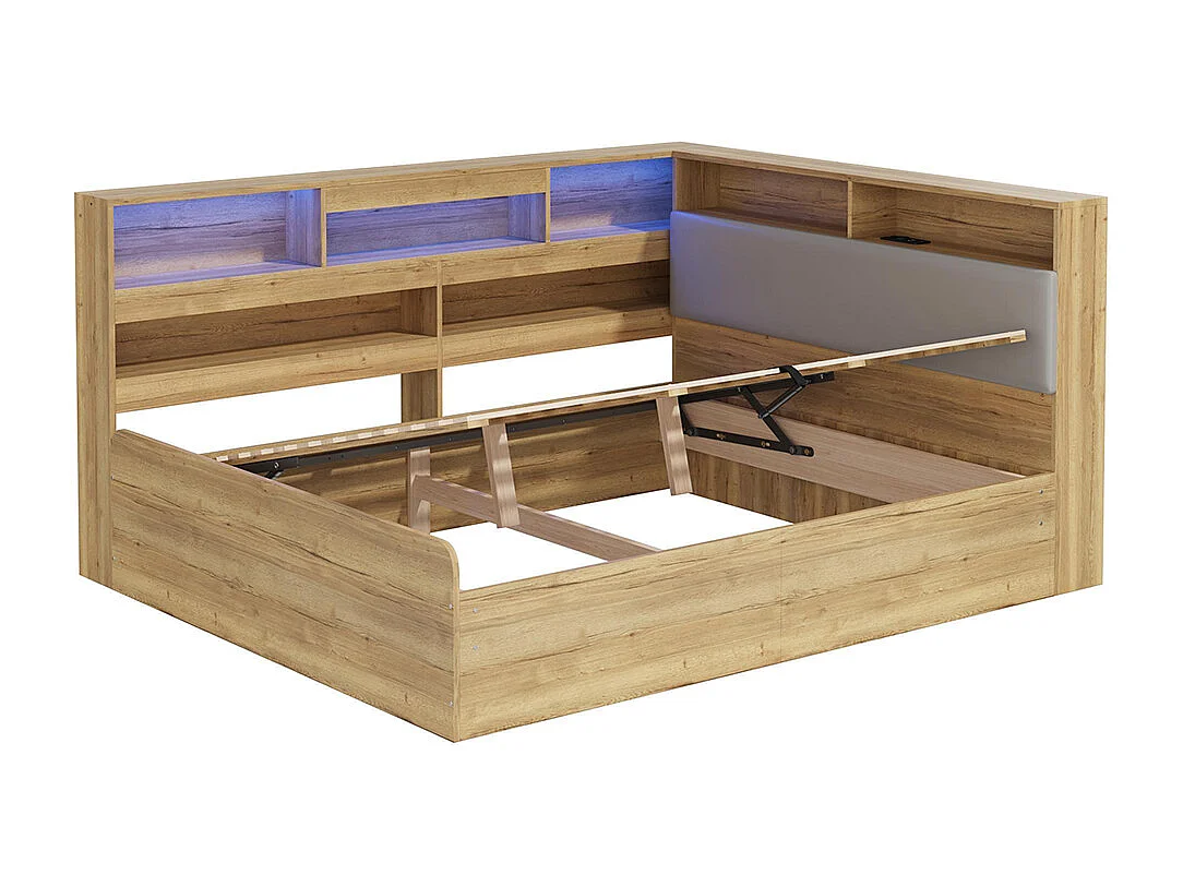 Lit d'enfant, en bois massif, avec port USB et éclairage LED, couleur bois naturel - 140 x 200 cm