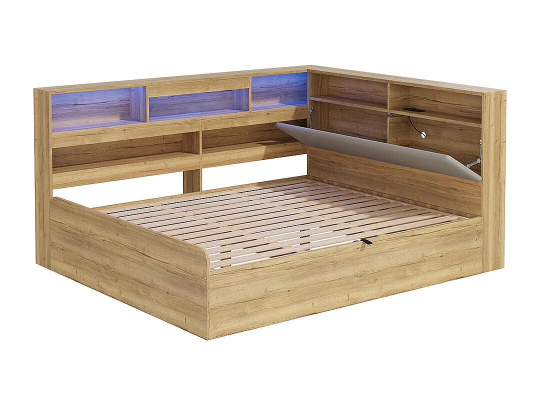 Lit d'enfant, en bois massif, avec port USB et éclairage LED, couleur bois naturel - 140 x 200 cm