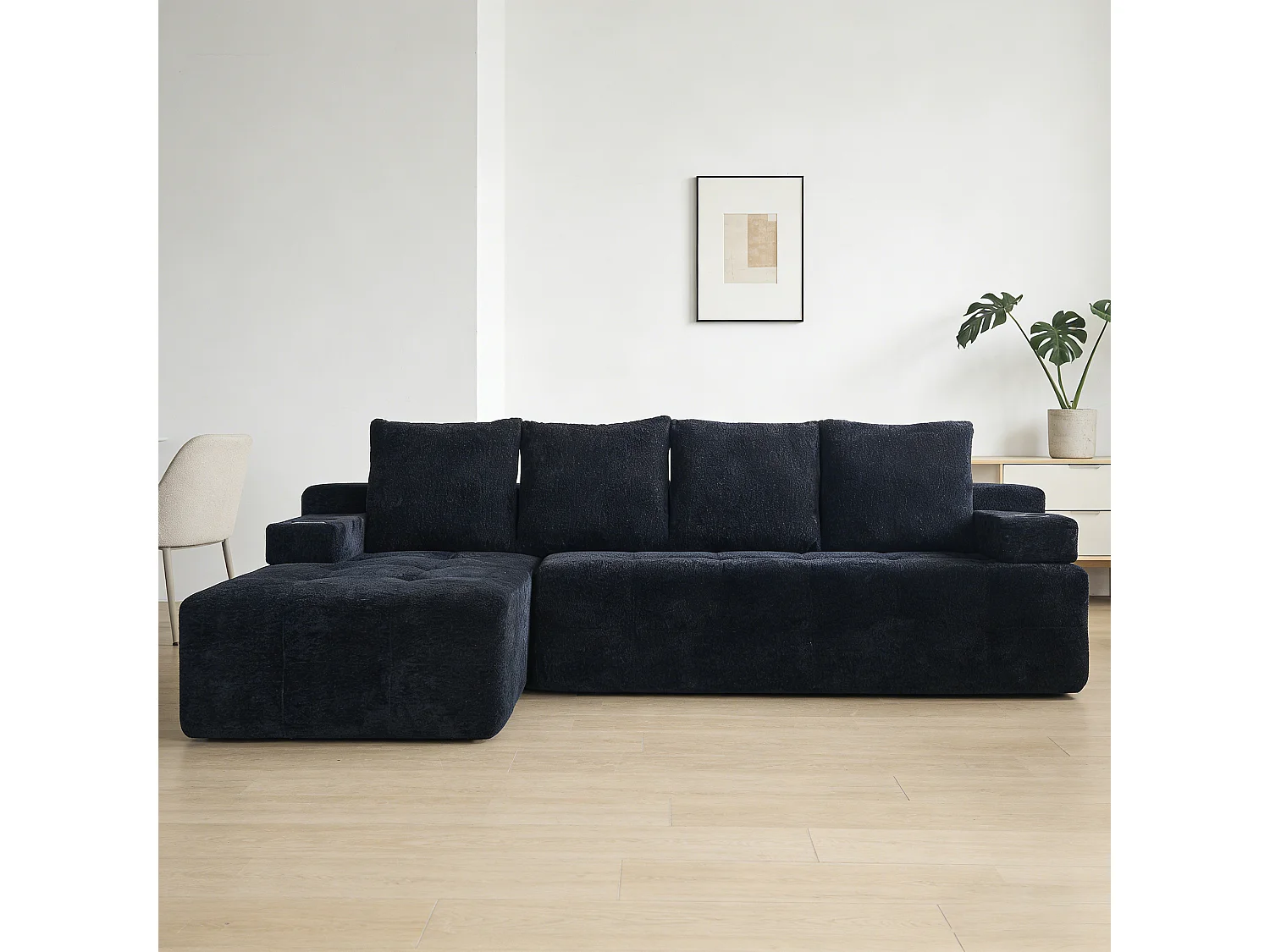 L-bank, van chenille, met verstelbare fauteuil, opbergvakken aan de zijkanten en twee bekerhouders, klaar voor gebruik, zwart