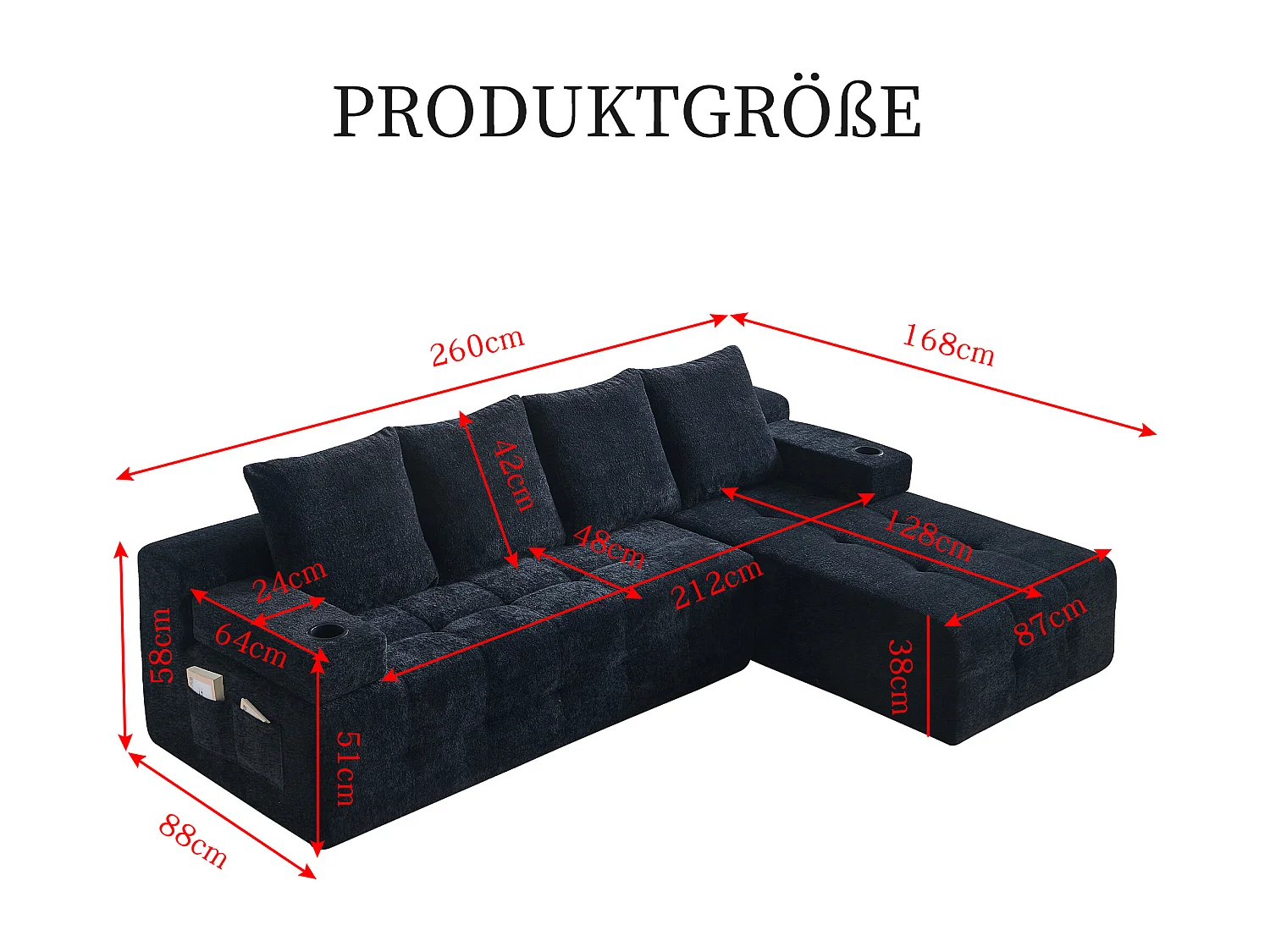 L-bank, van chenille, met verstelbare fauteuil, opbergvakken aan de zijkanten en twee bekerhouders, klaar voor gebruik, zwart