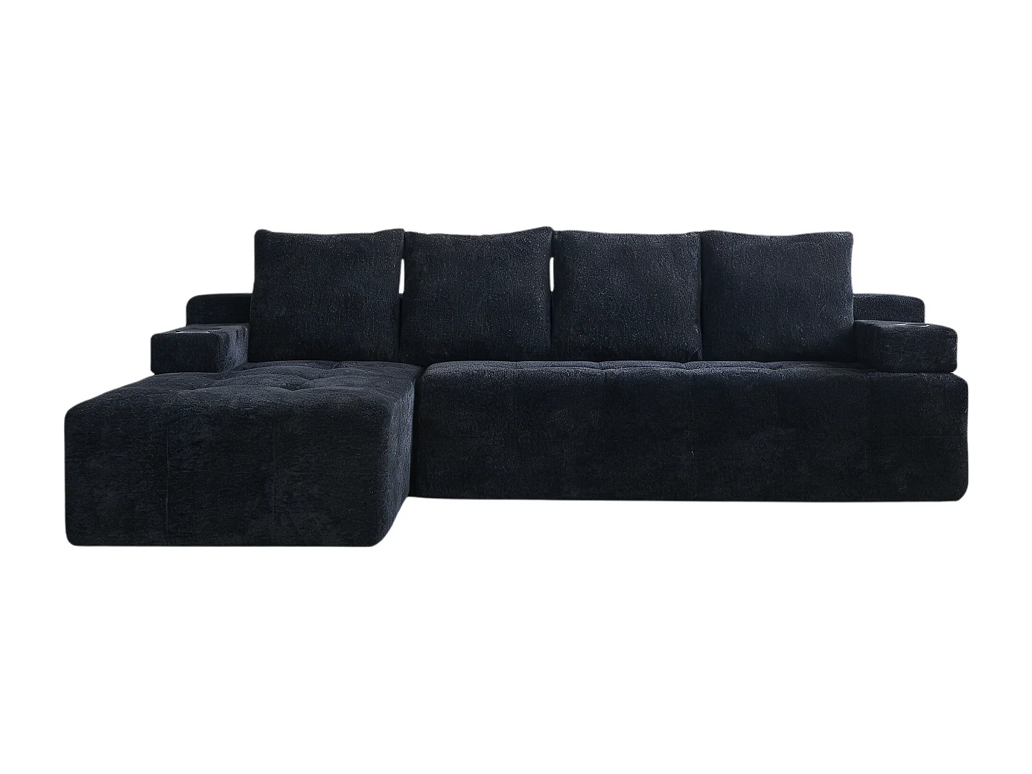 L-bank, van chenille, met verstelbare fauteuil, opbergvakken aan de zijkanten en twee bekerhouders, klaar voor gebruik, zwart