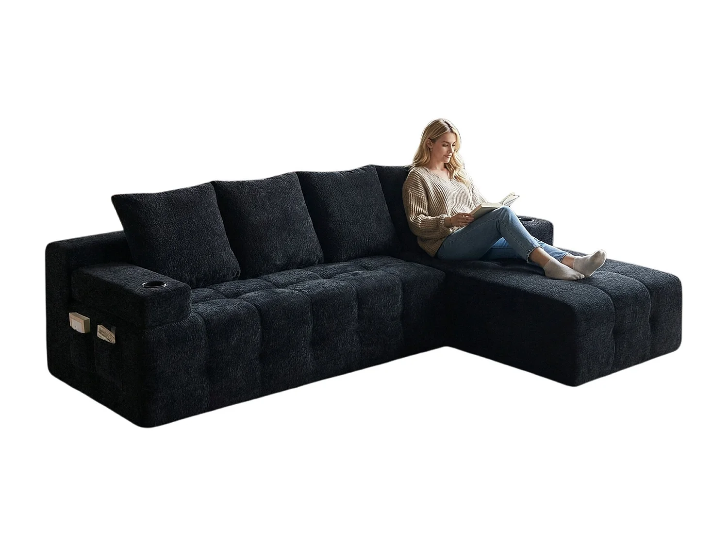 L-bank, van chenille, met verstelbare fauteuil, opbergvakken aan de zijkanten en twee bekerhouders, klaar voor gebruik, zwart