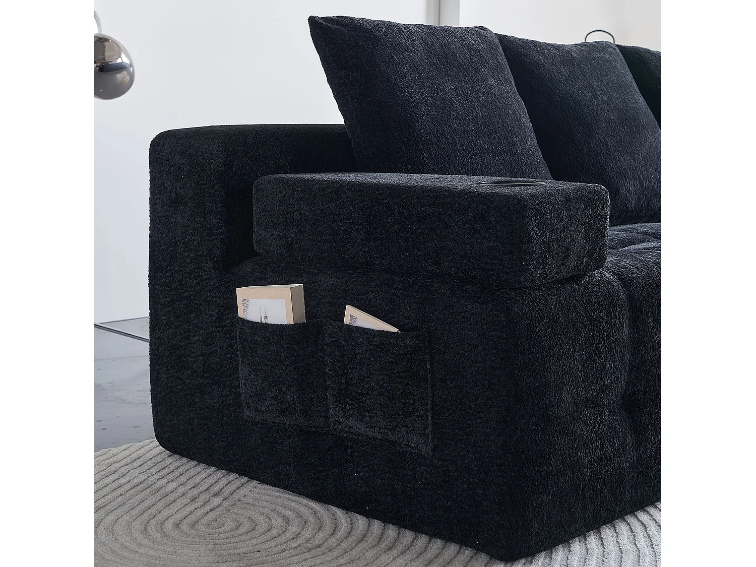 L-bank, van chenille, met verstelbare fauteuil, opbergvakken aan de zijkanten en twee bekerhouders, klaar voor gebruik, zwart