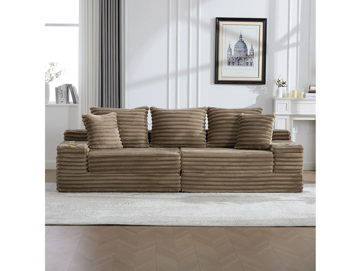 Canapé compact, en velours côtelé, avec coussins supplémentaires, poches de rangement sur les côtés et porte-gobelets, couleur kaki