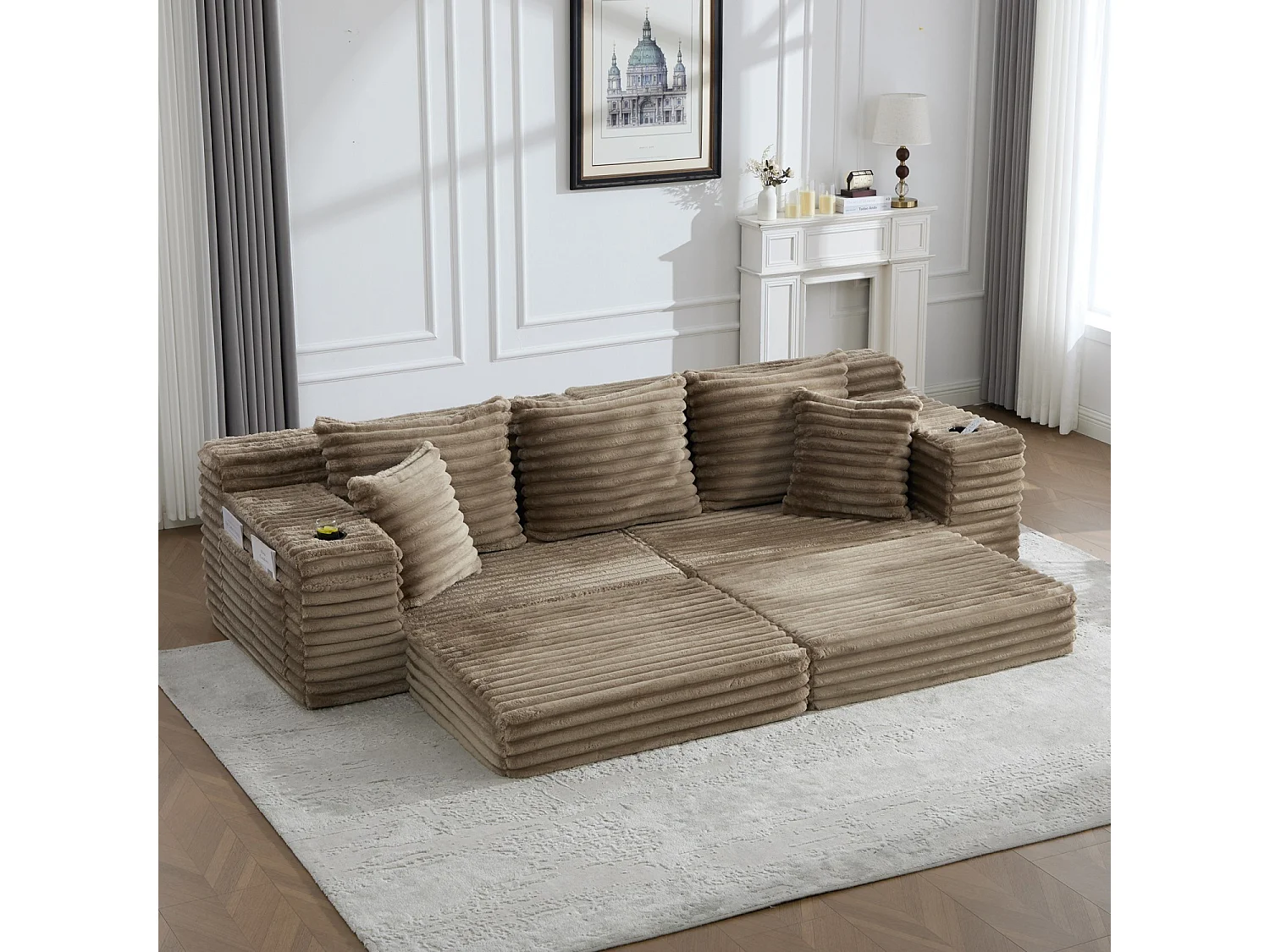 Canapé compact, en velours côtelé, avec coussins supplémentaires, poches de rangement sur les côtés et porte-gobelets, couleur kaki