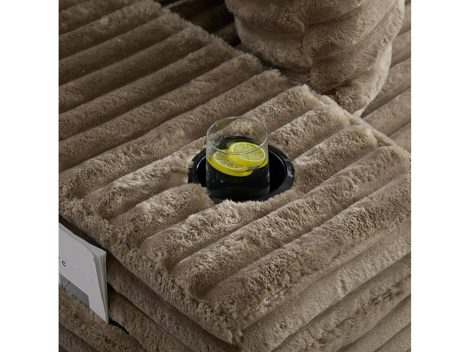Canapé compact, en velours côtelé, avec coussins supplémentaires, poches de rangement sur les côtés et porte-gobelets, couleur kaki