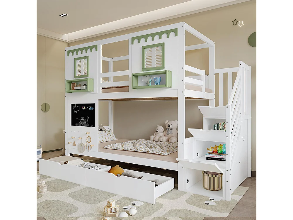 Lit superposé pour enfants 90 x 200 cm, avec petite zone perforée + crochets en bois fournis, blanc + vert