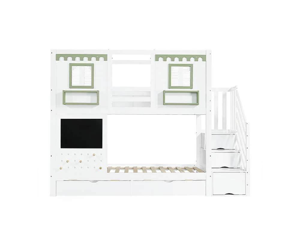 Lit superposé pour enfants 90 x 200 cm, avec petite zone perforée + crochets en bois fournis, blanc + vert