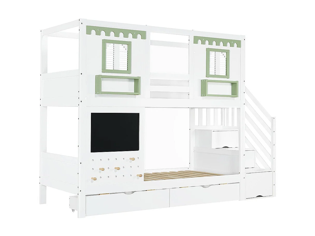 Lit superposé pour enfants 90 x 200 cm, avec petite zone perforée + crochets en bois fournis, blanc + vert