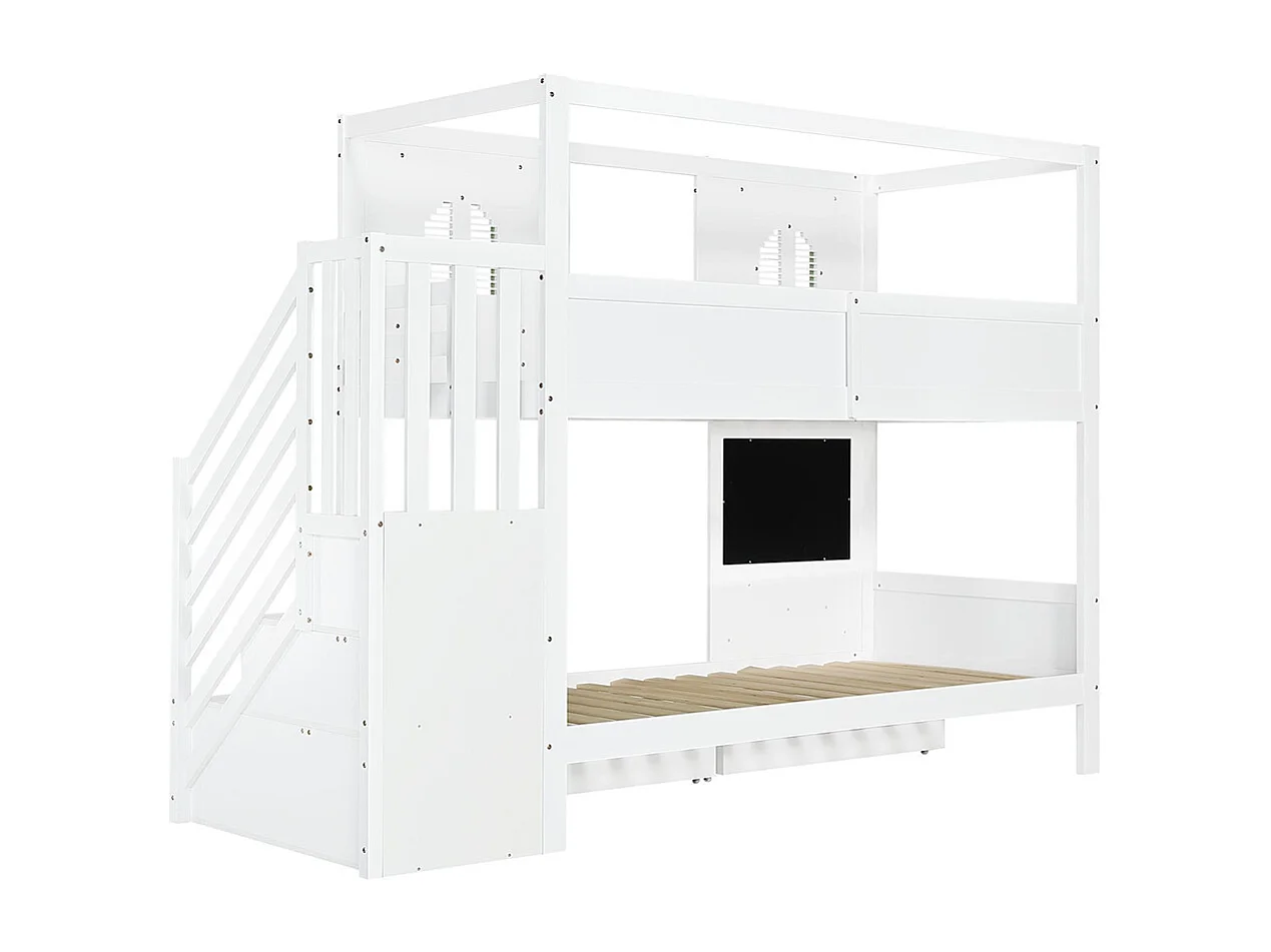 Lit superposé pour enfants 90 x 200 cm, avec petite zone perforée + crochets en bois fournis, blanc + vert