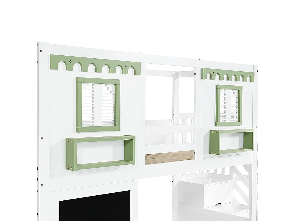 Lit superposé pour enfants 90 x 200 cm, avec petite zone perforée + crochets en bois fournis, blanc + vert