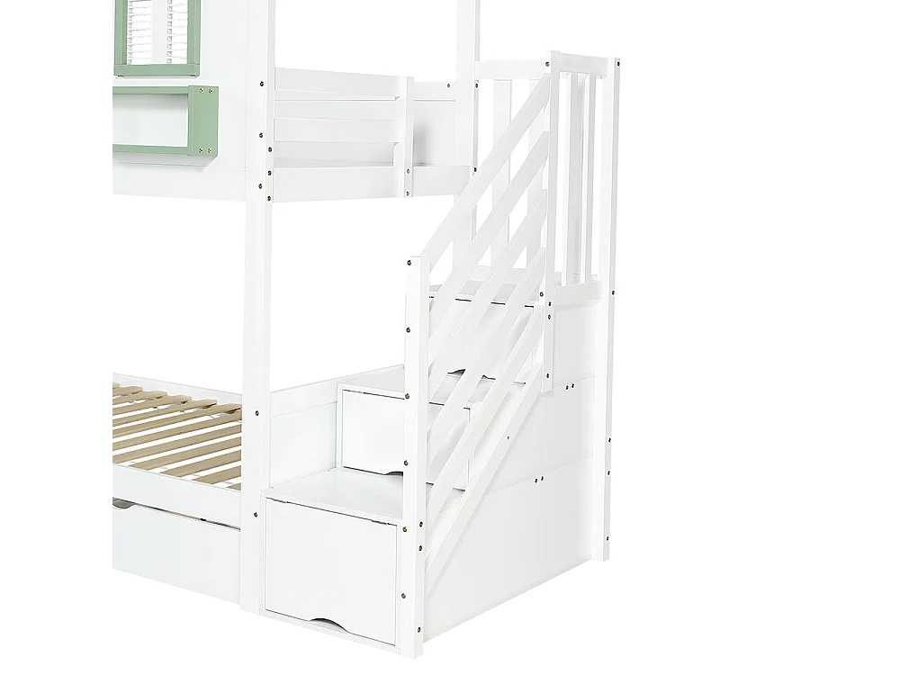 Lit superposé pour enfants 90 x 200 cm, avec petite zone perforée + crochets en bois fournis, blanc + vert