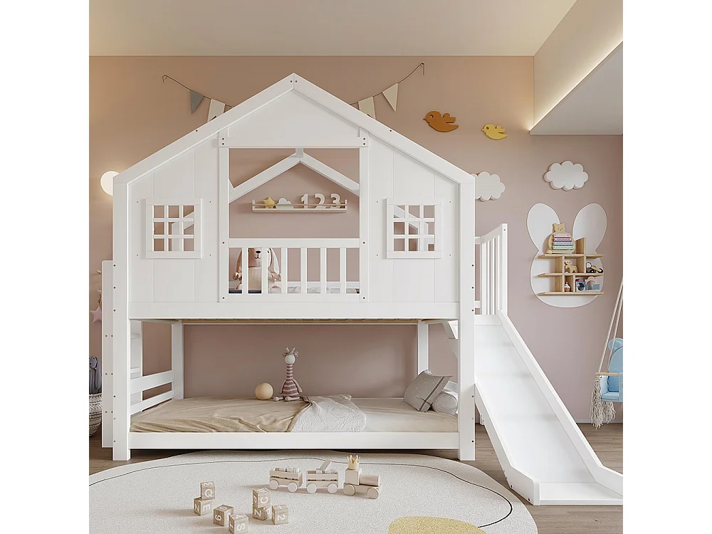 Beliche infantil 90 x 200 cm, com escorrega, janelas e teto com design requintado, branco