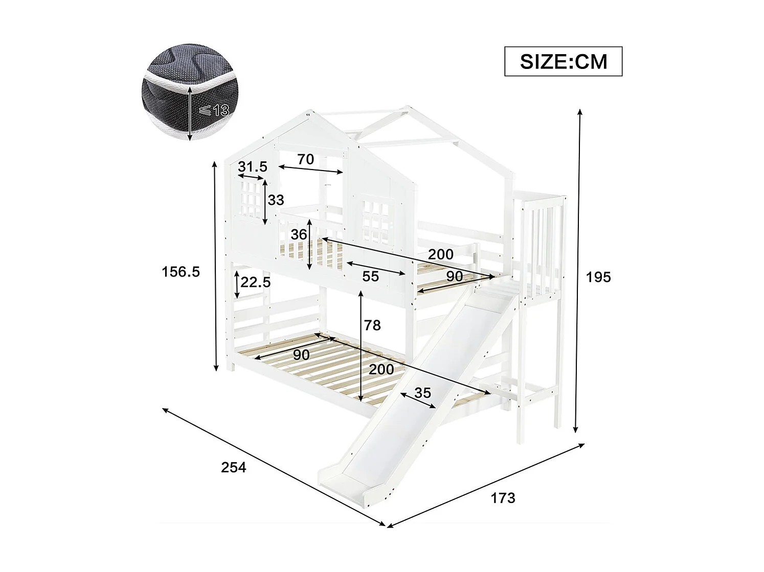 Beliche infantil 90 x 200 cm, com escorrega, janelas e teto com design requintado, branco