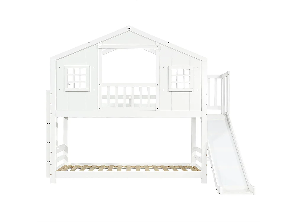 Beliche infantil 90 x 200 cm, com escorrega, janelas e teto com design requintado, branco
