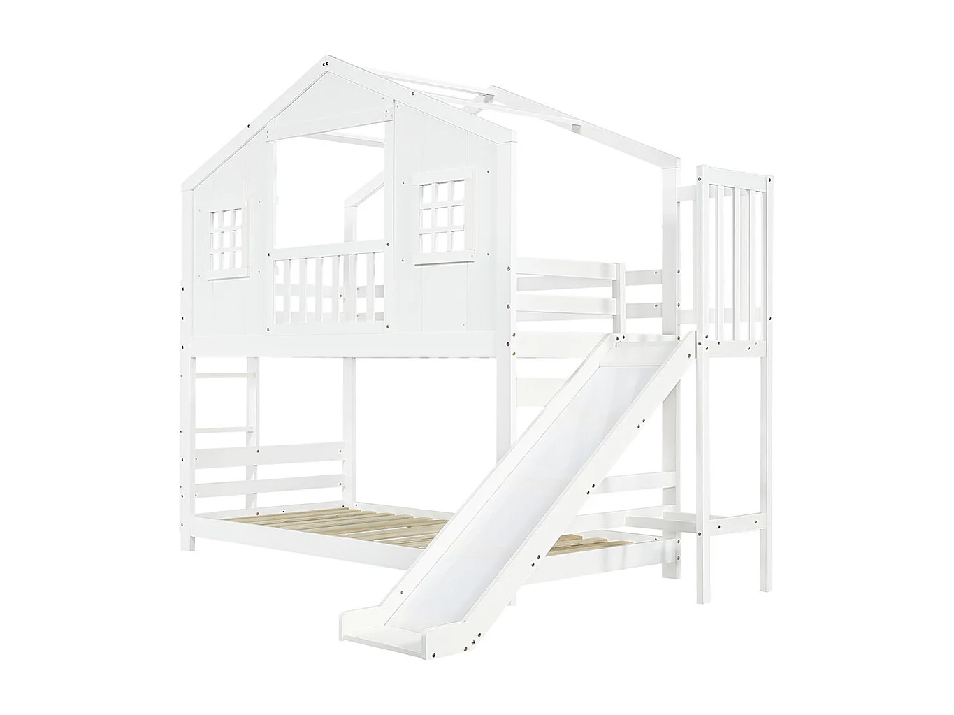 Beliche infantil 90 x 200 cm, com escorrega, janelas e teto com design requintado, branco