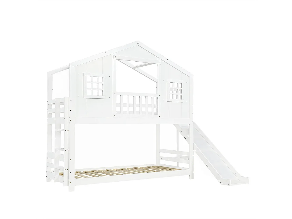 Beliche infantil 90 x 200 cm, com escorrega, janelas e teto com design requintado, branco