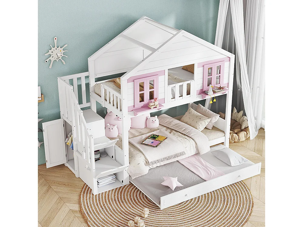 Beliche infantil 90 x 200 cm, com roupeiro, janela e telhado, branco e rosa