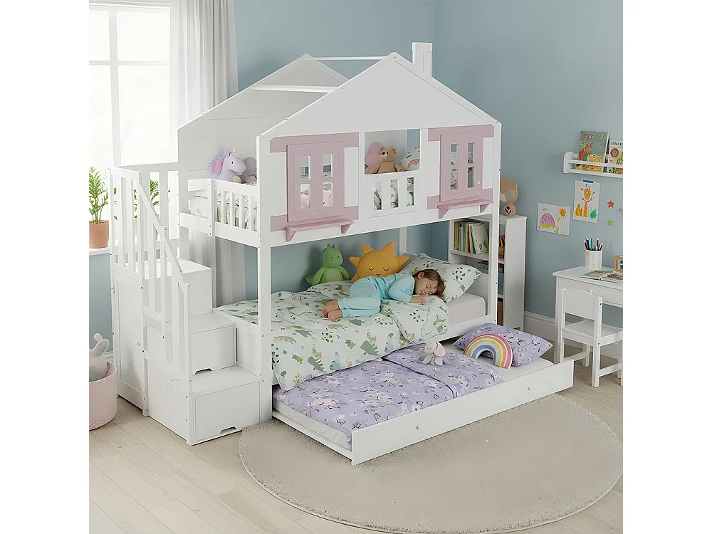 Beliche infantil 90 x 200 cm, com roupeiro, janela e telhado, branco e rosa