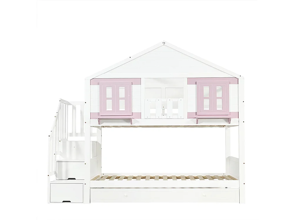 Beliche infantil 90 x 200 cm, com roupeiro, janela e telhado, branco e rosa