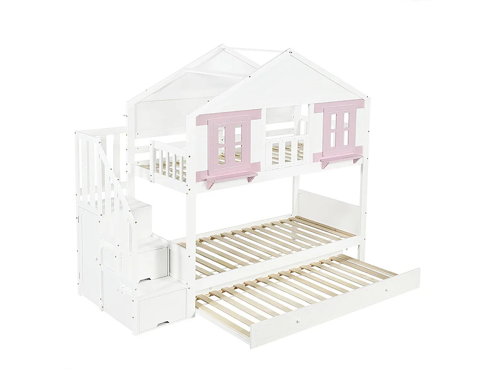 Beliche infantil 90 x 200 cm, com roupeiro, janela e telhado, branco e rosa