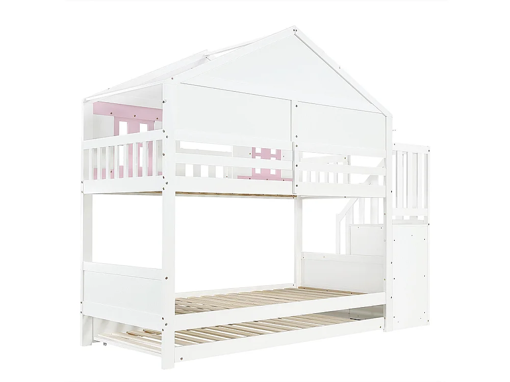 Beliche infantil 90 x 200 cm, com roupeiro, janela e telhado, branco e rosa